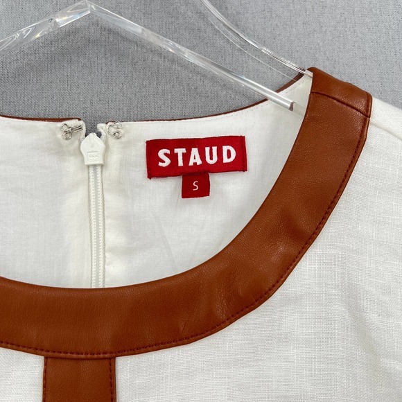 STAUD Dress Womens Small White Whiskey Perla Midi Linen Cut Out Sheath Leather - Picture 9 of 16
